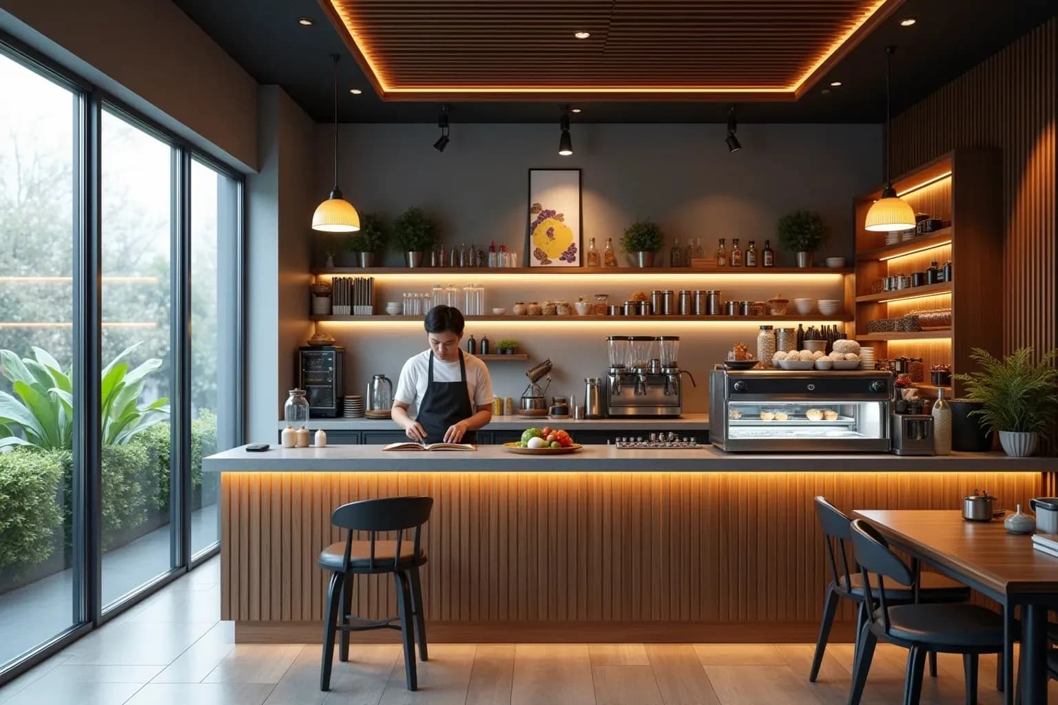 Khu vực quầy bar và bếp nấu kết hợp thông minh giúp tối ưu không gian quán cafe.