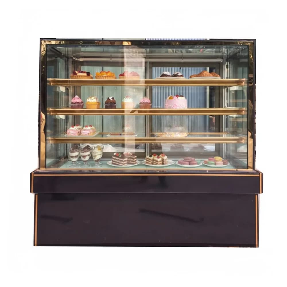 Tủ bánh kem 1m5 kính vuông 4 tầng sấy kính 2 mặt dài 1500mm