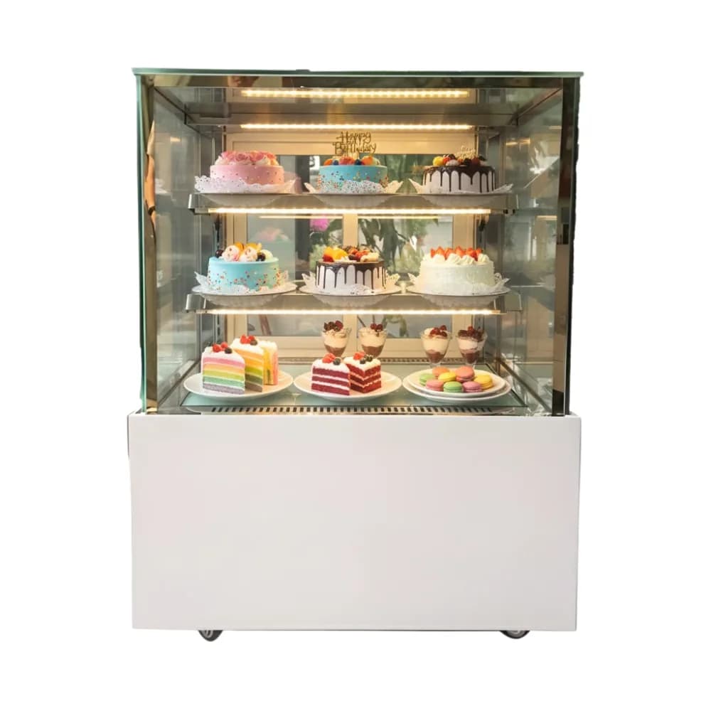Tủ bánh kem 3 tầng kính vuông Snow Queen 90cm sấy kính