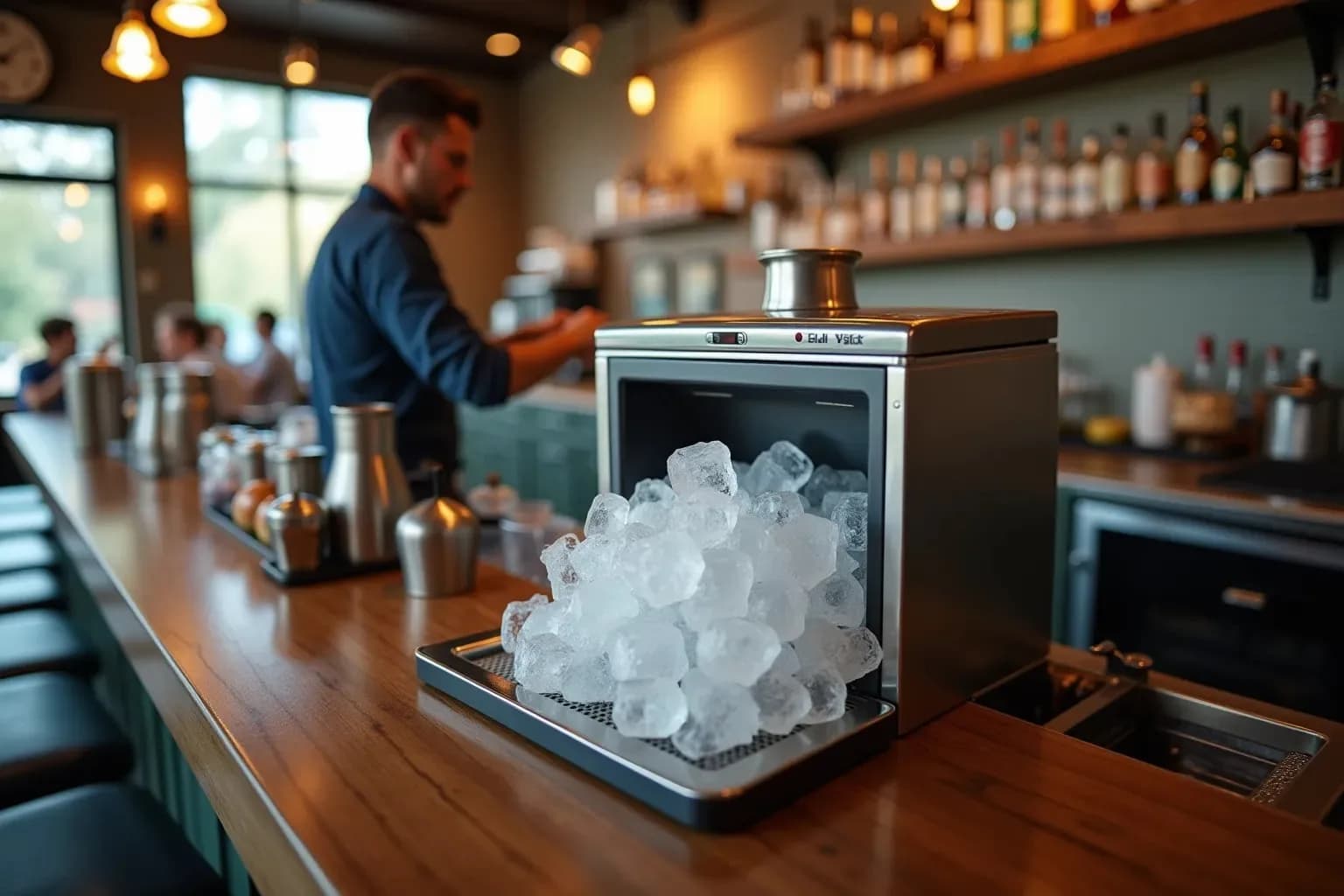 Quầy bar pha chế trang bị máy làm đá viên chuyên nghiệp phục vụ giờ cao điểm.